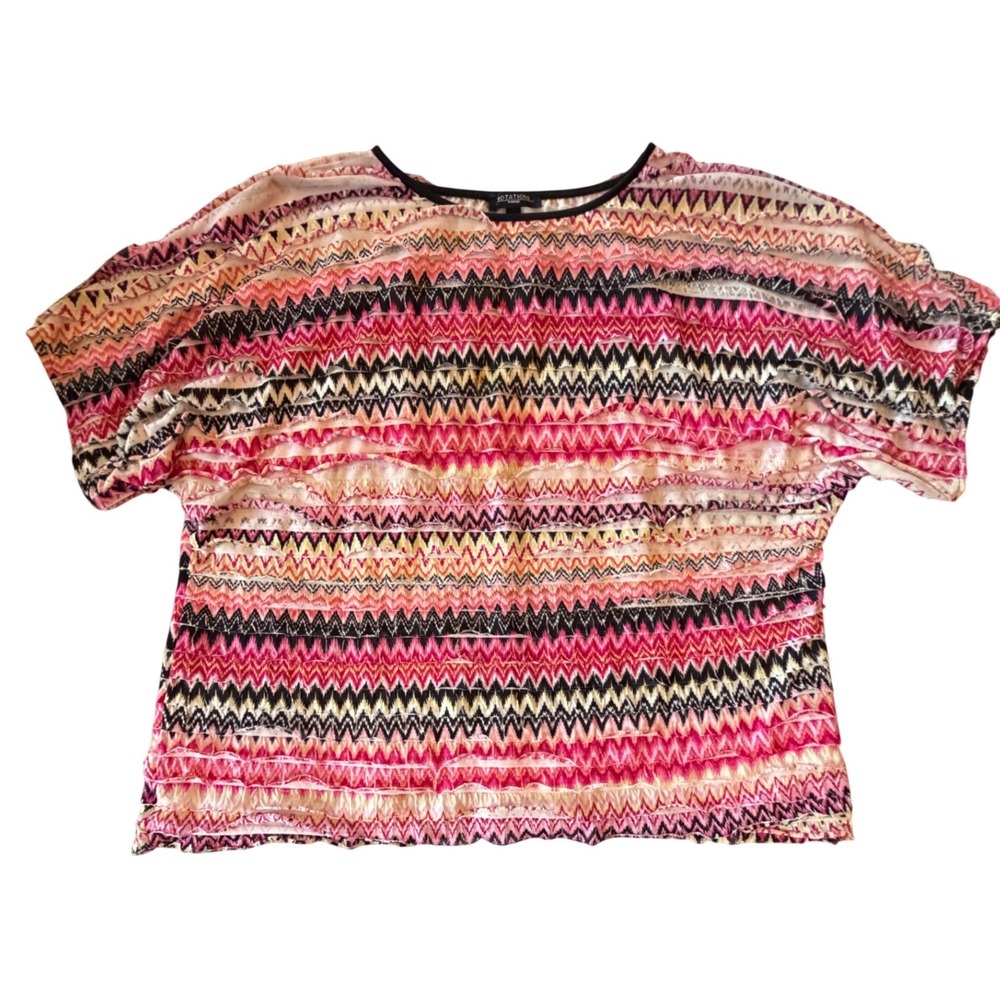 Notations Woman 2X‎ Pink Orange Chevron Zigzag Tiered Slashed Short Sleeve Top